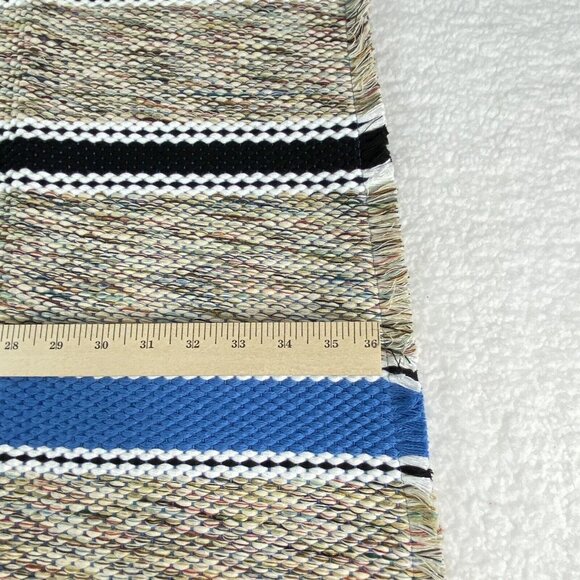 Hand Woven Throw‎ Rug 36x24 Blue Black Stripe Chindi Rag Reversible Fringe - Picture 6 of 7